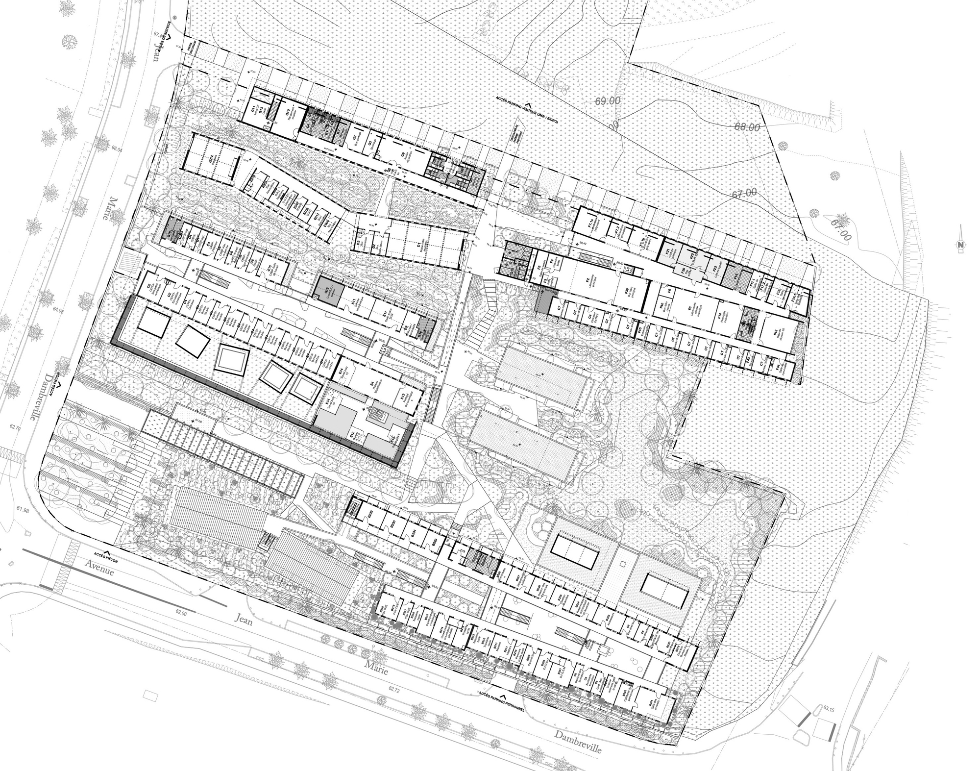 Upper floor plan drawing showing elongated volumes with repeating room divisions and interior courtyards