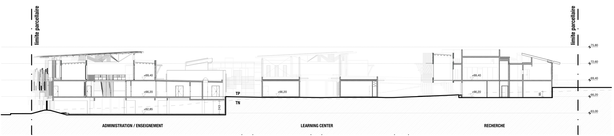 Section drawing showing the administration and enrichment wing, learning center, and residence along a sloping terrain