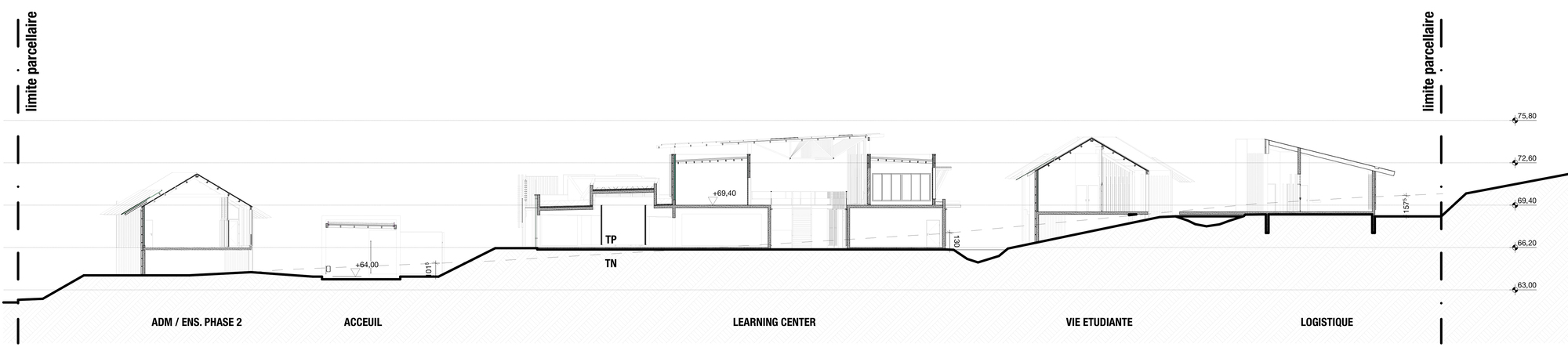 Section drawing depicting the accueil, learning center, vie étudiante, and logistique buildings across rolling topography