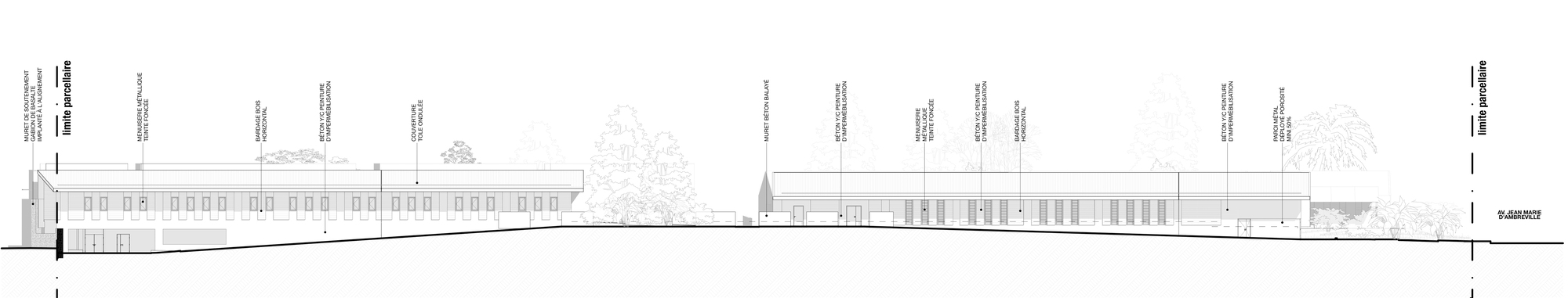 Elevation drawing of a long horizontal structure with rhythmic fenestration and adjacent trees