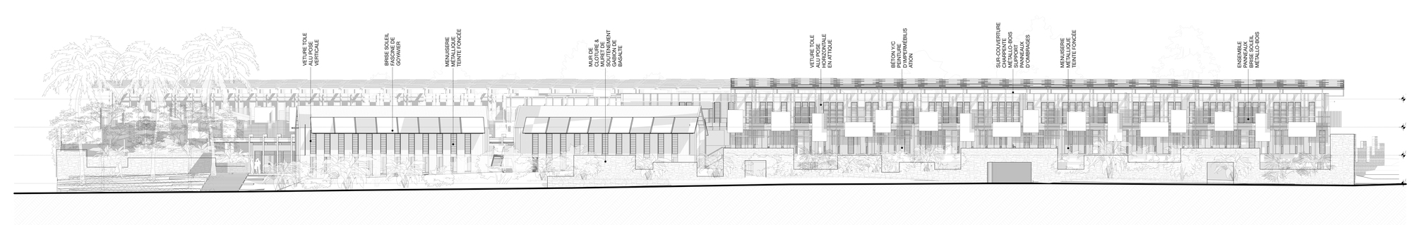 Elevation drawing of a horizontal complex with repetitive structural bays and vertical circulation towers