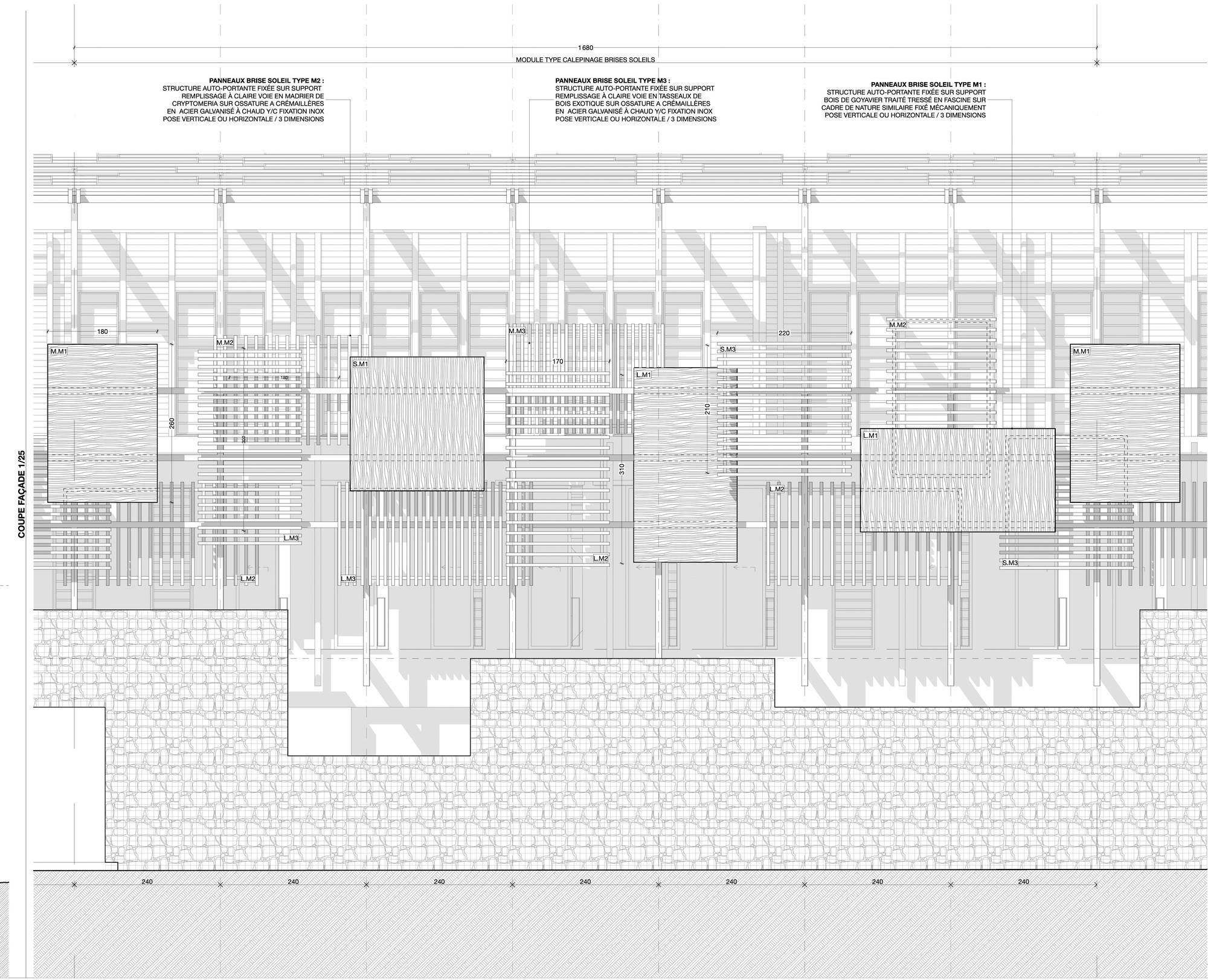 Floor plan drawing showing residential units with stone paving and decking above a structural grid