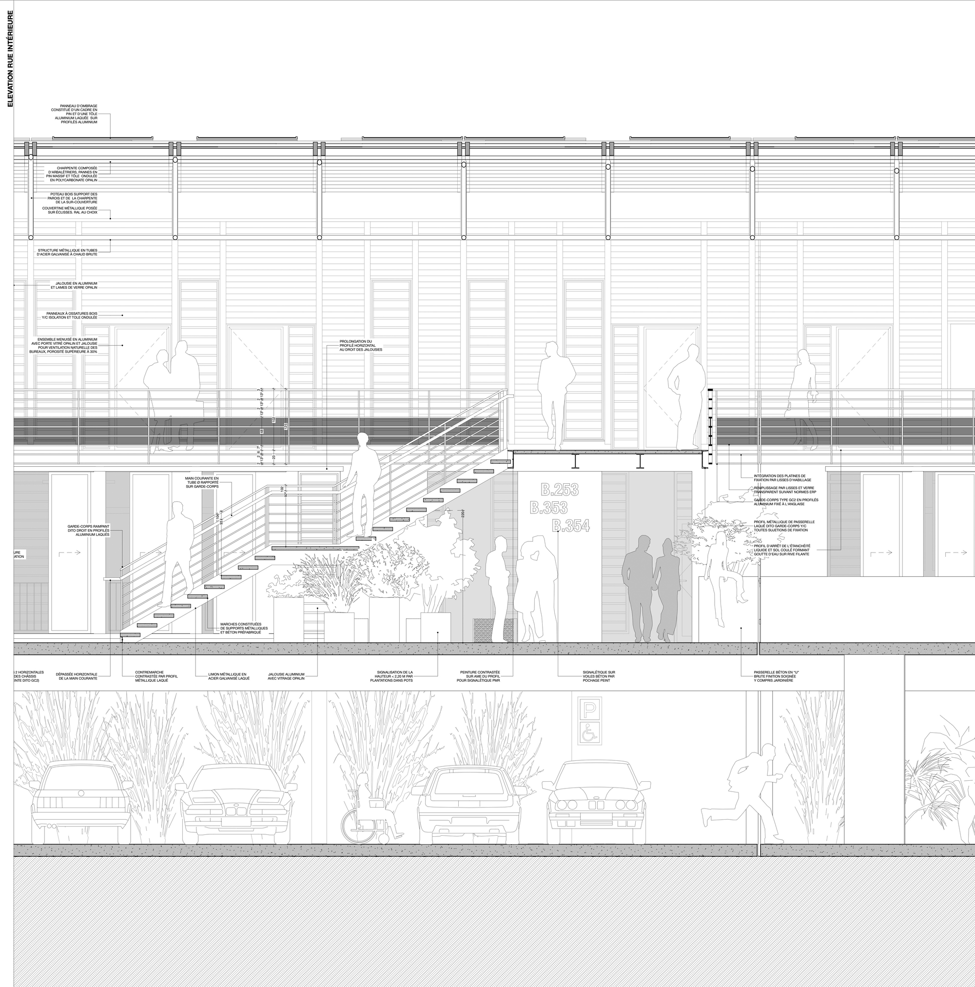 Section drawing showing multi-level spaces with stairs, figures, plantings, and parked vehicles below