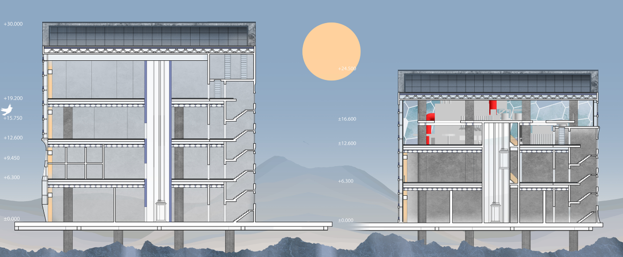 Sectional diagram revealing vertical zoning within the floating architecture system