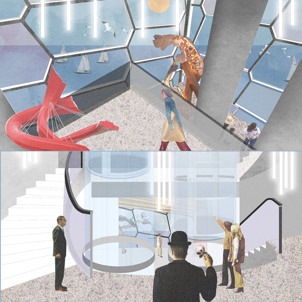 Immersive interior spaces framing panoramic views of the open ocean