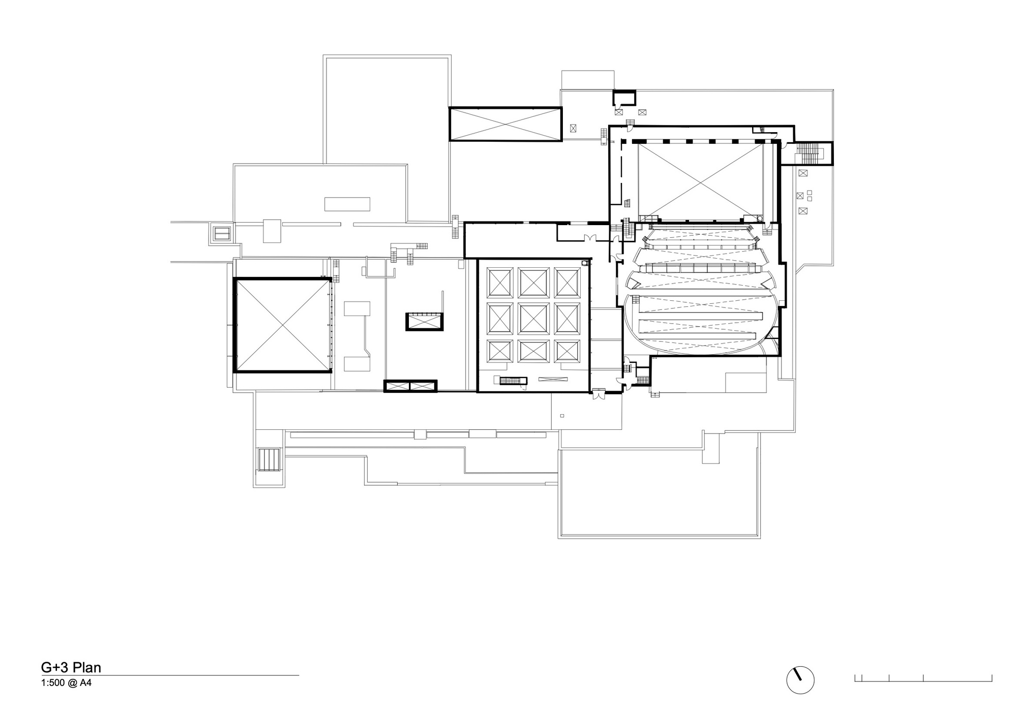 Floor plan drawing showing the domed auditorium with tiered seating and lateral gallery spaces
