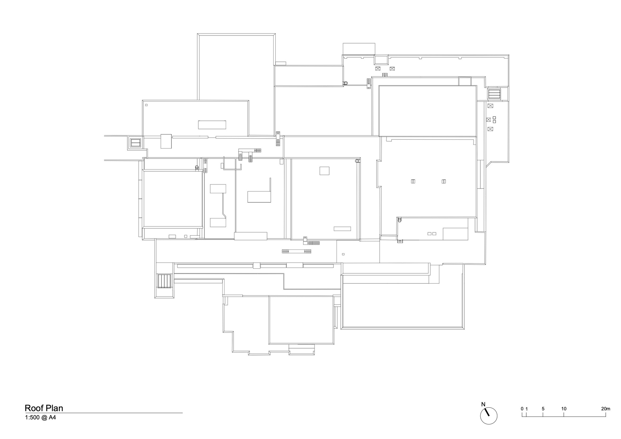 Roof plan drawing showing the outlines of courtyards, terraces, and adjacent building volumes