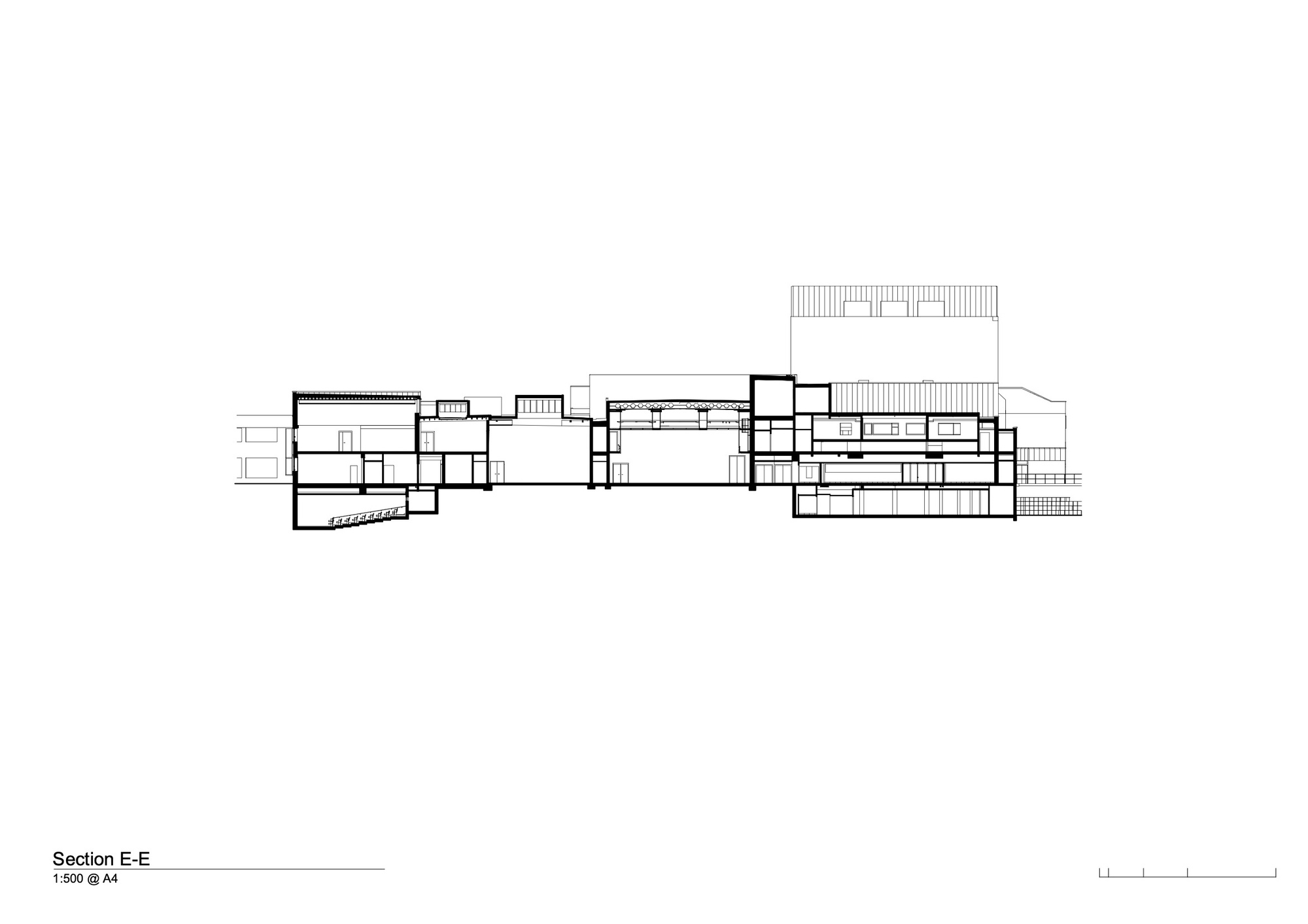Section drawing illustrating a horizontal composition with stepped floor plates and roof terraces