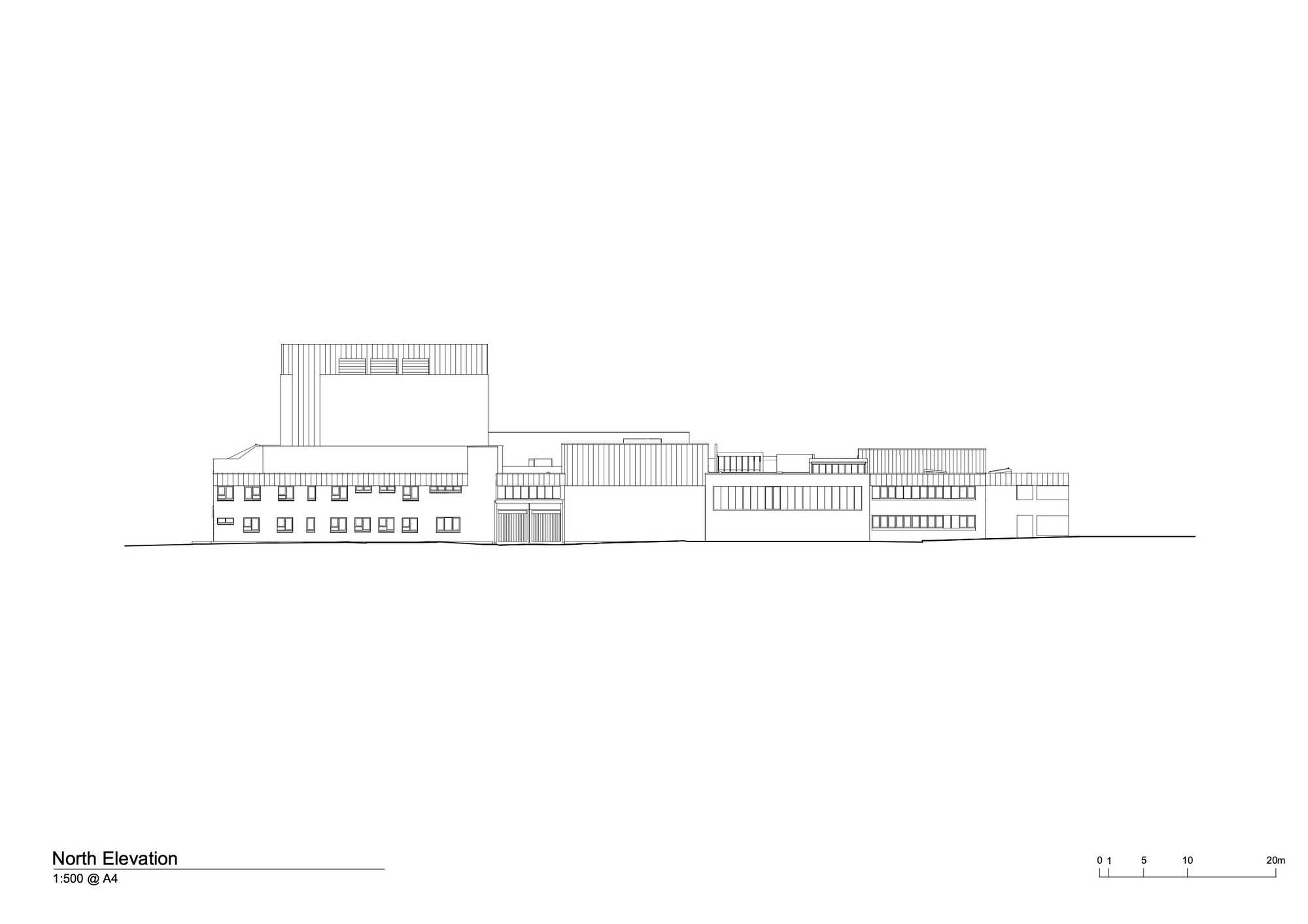 North elevation drawing showing a linear facade with repetitive window openings and a tower element