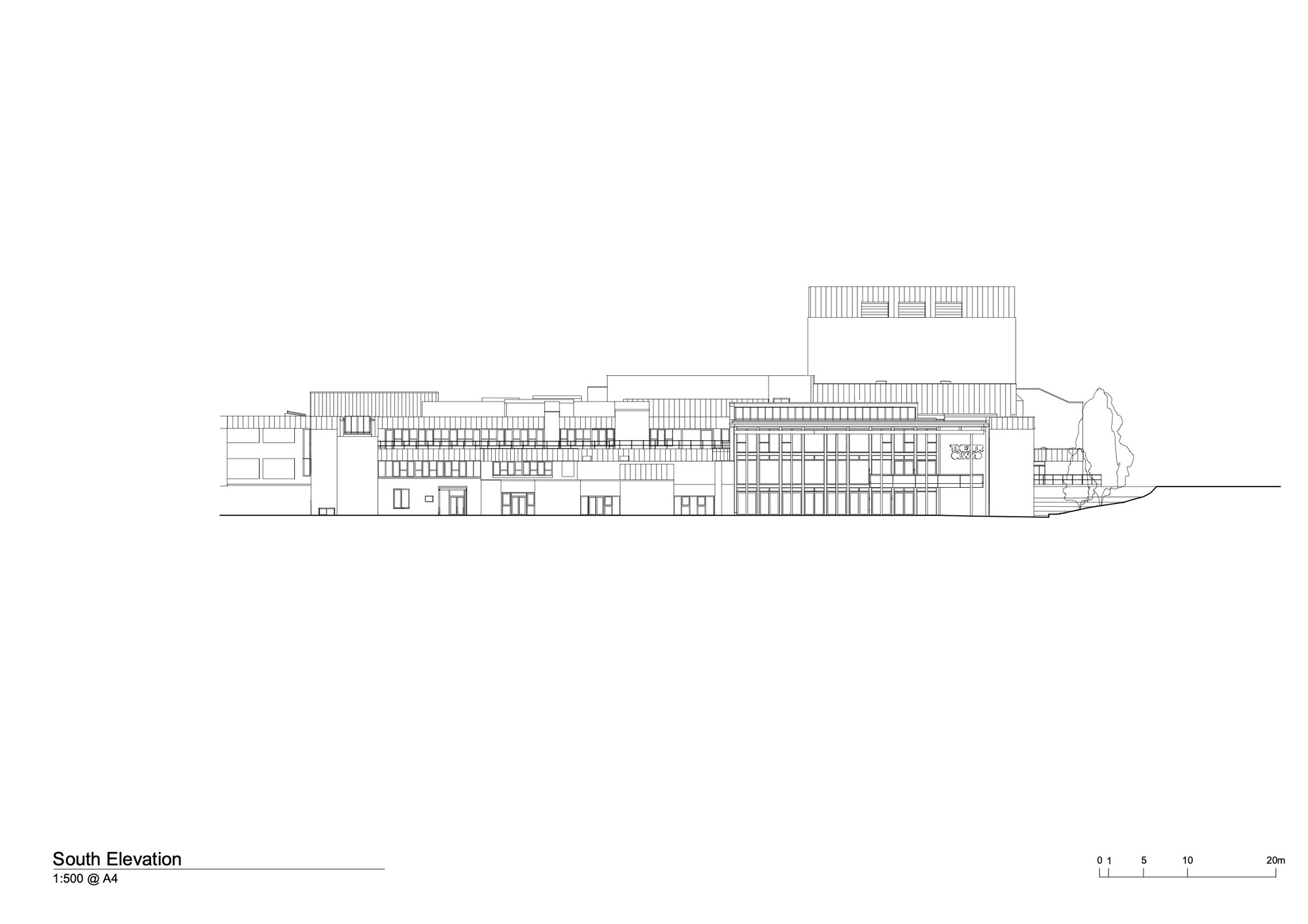 South elevation drawing depicting horizontal massing with varied roof heights and openings