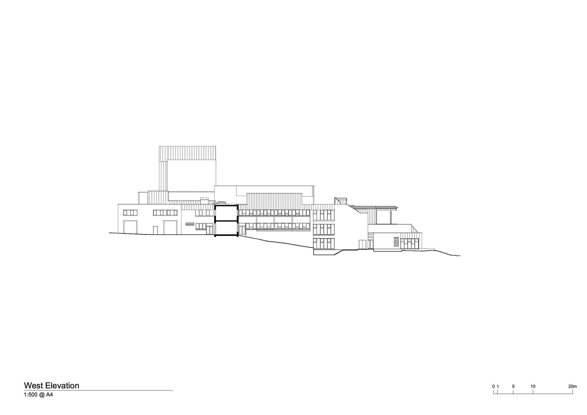 West elevation drawing showing a complex of interconnected volumes stepping down a sloped site