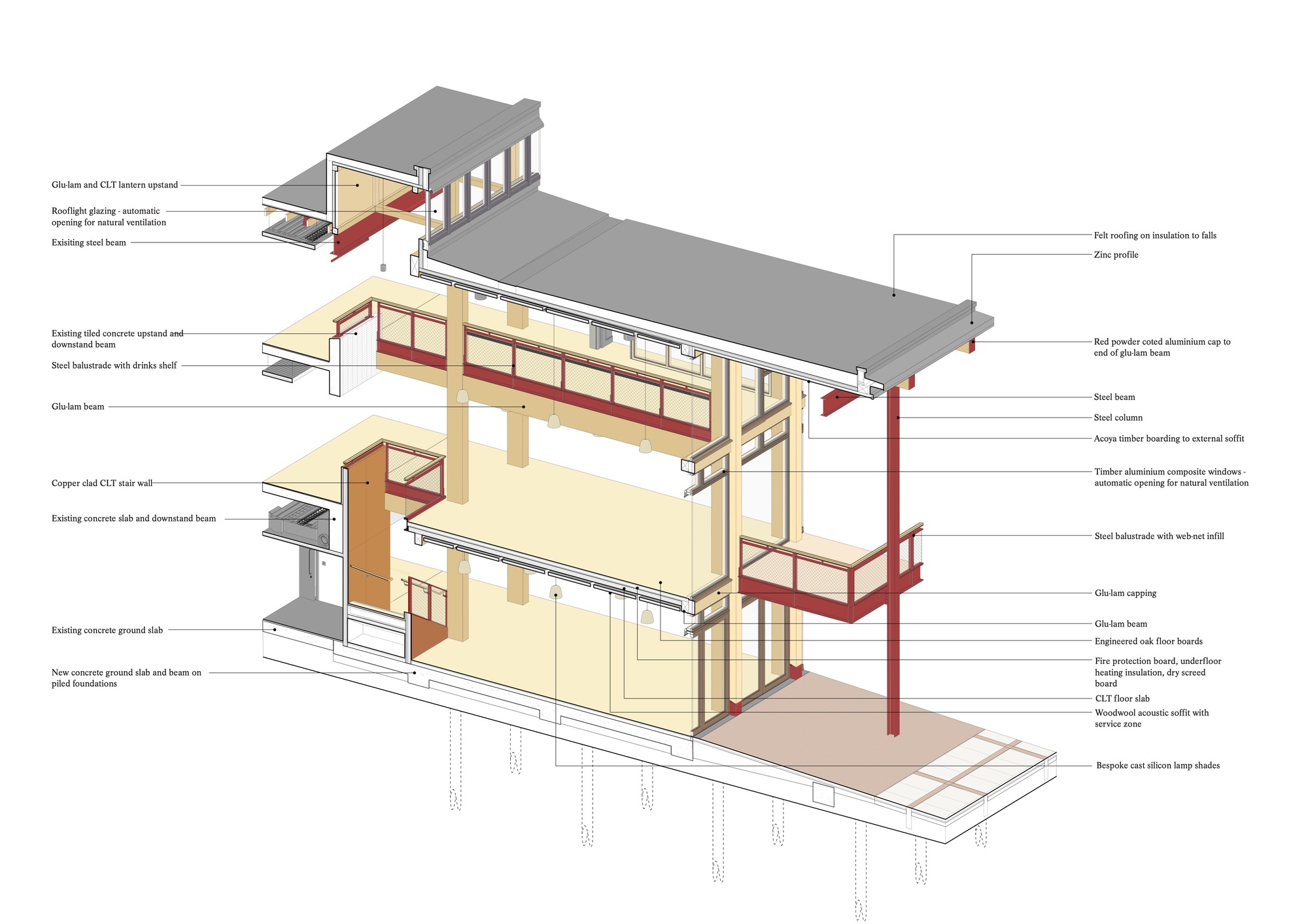 Axonometric section drawing with labeled components showing the structural and material assembly of stacked floors