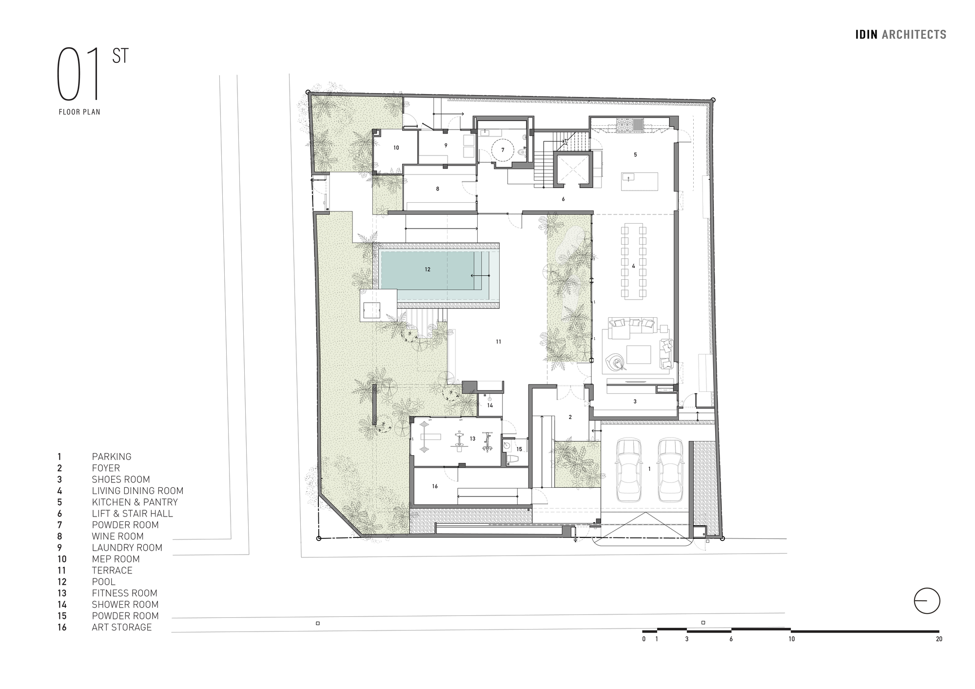 First floor plan showing rooms arranged around central pool and multiple planted courtyards