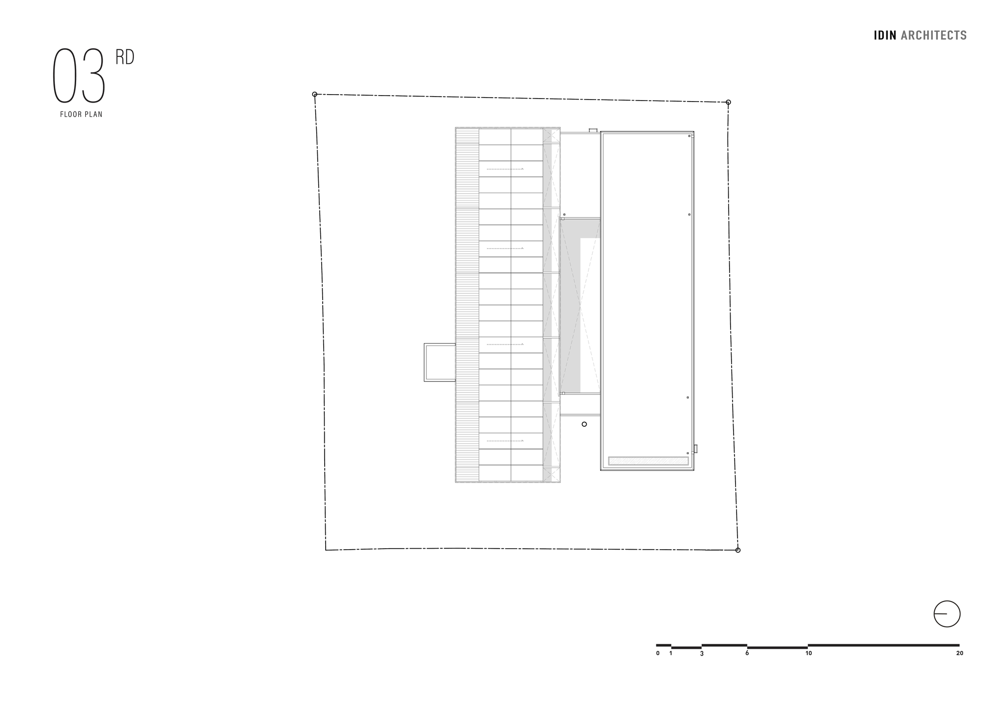 Third floor plan drawing showing a roof terrace and circulation space