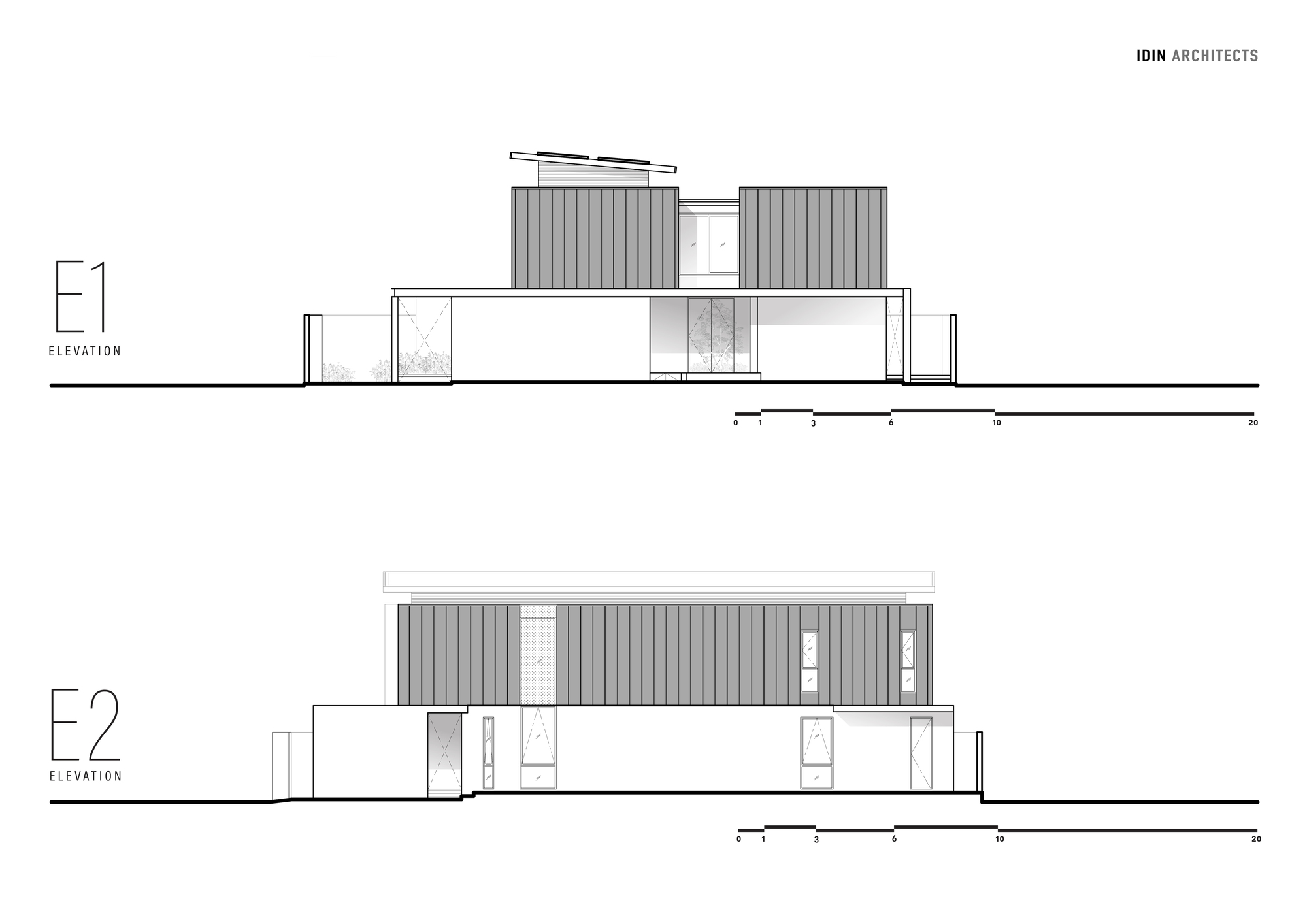 Elevation drawings showing vertical slatted cladding on upper volumes above glazed lower levels