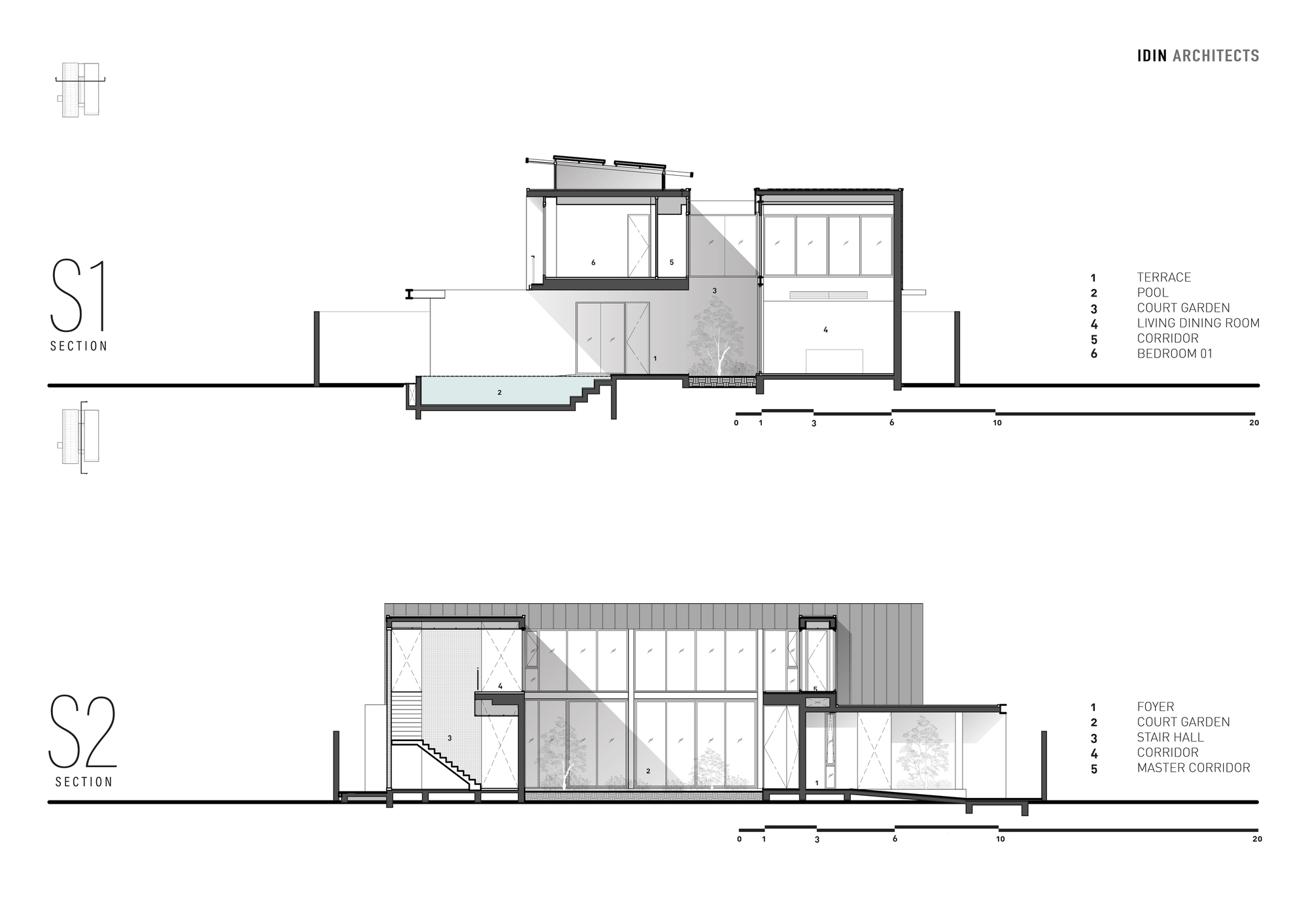 Section drawings revealing split-level interior spaces organized around a central courtyard with trees