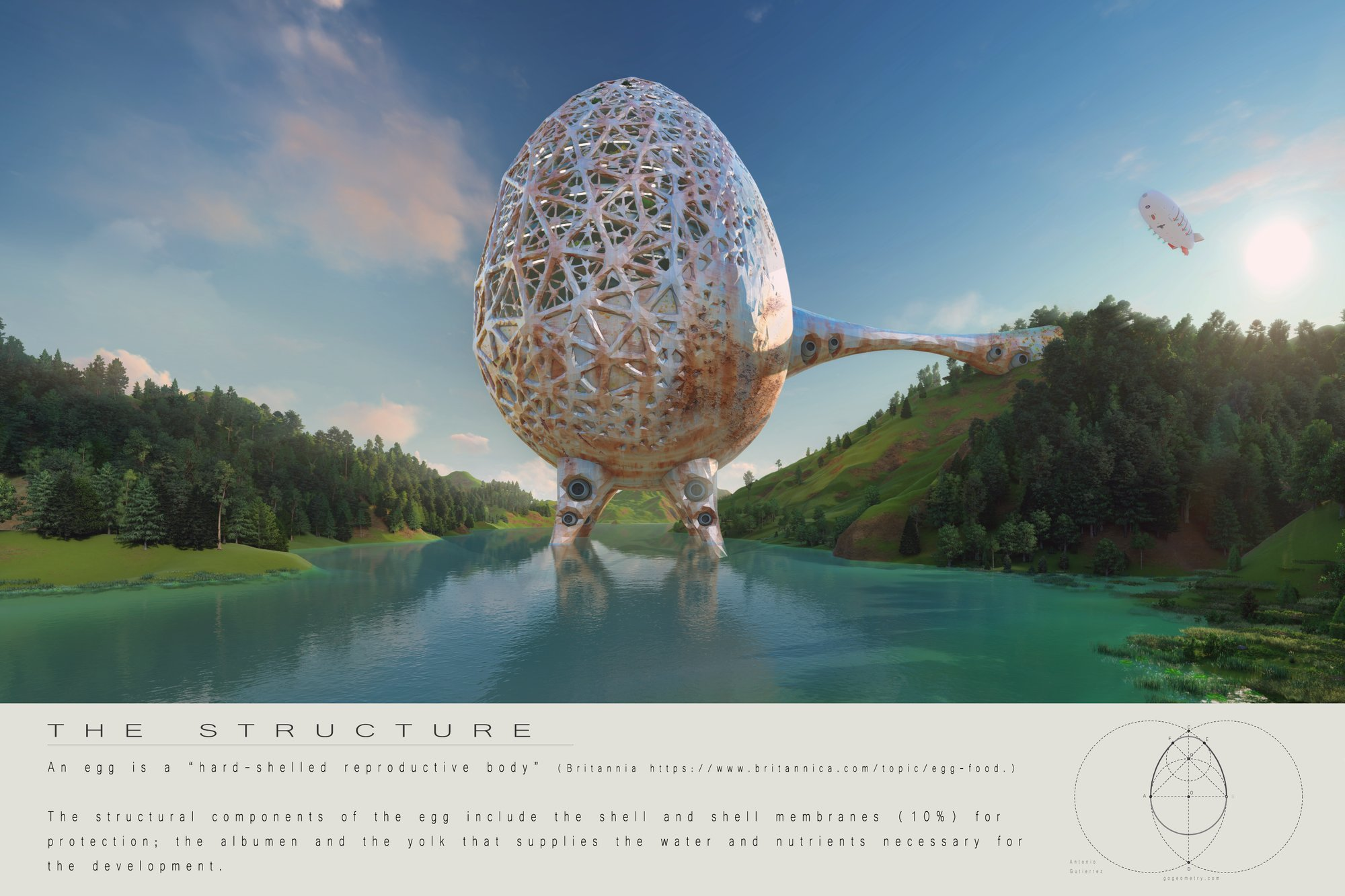 Futuristic ark habitat standing over water, showcasing biomimetic sustainable architecture in a post-apocalyptic landscape.