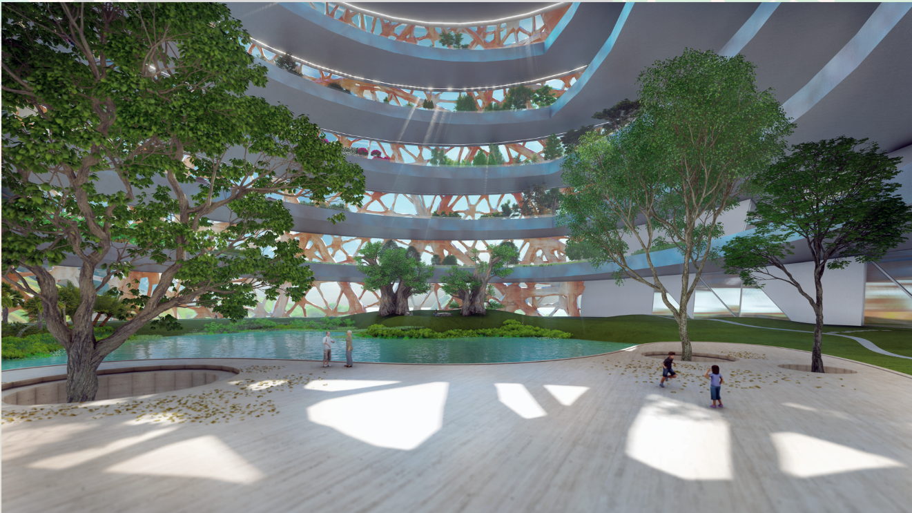 Central communal space with water and vegetation, highlighting human-nature coexistence inside a vertical eco habitat.
