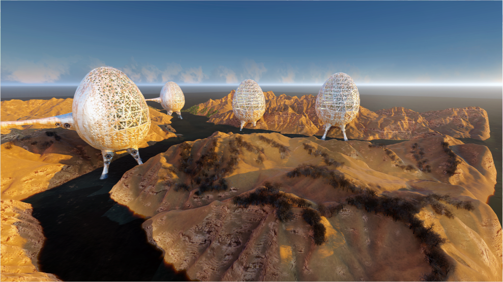 Multiple ark colonies forming a network of self-sufficient habitats across a transformed landscape, enabling scalable survival architecture.