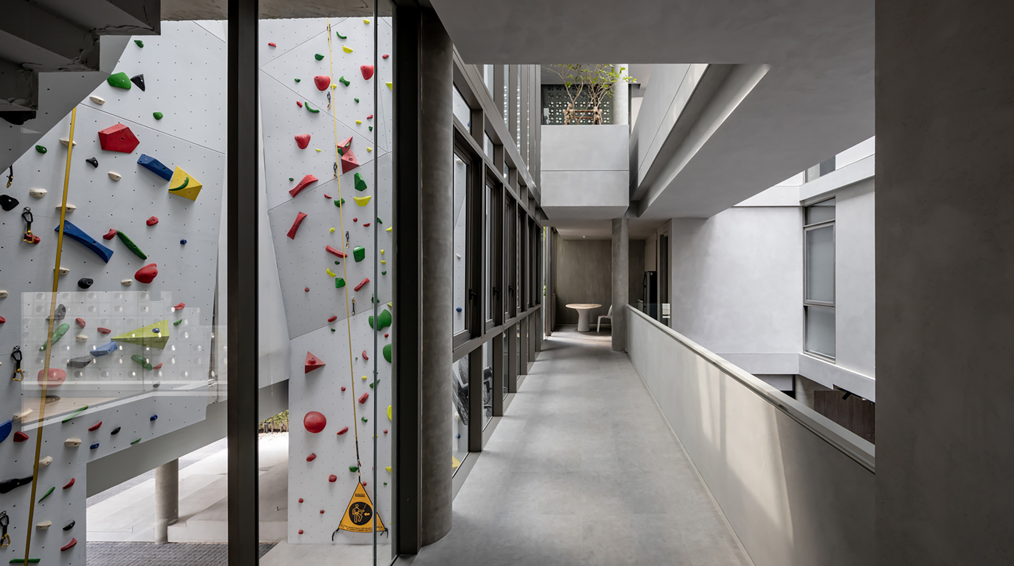 Concrete circulation corridor with colorful climbing wall visible through glass partition and planted courtyard beyond