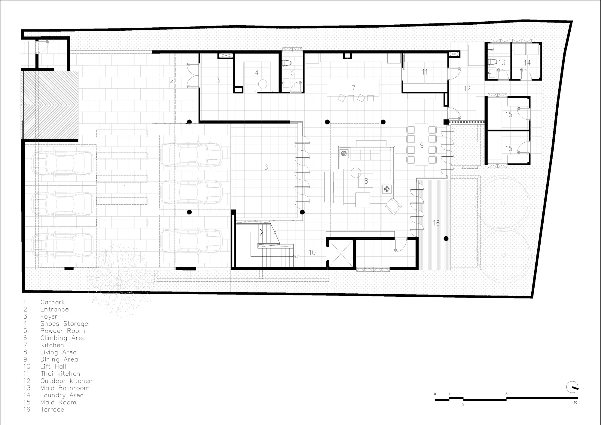 Ground floor plan drawing showing parking area, living spaces, and central staircase