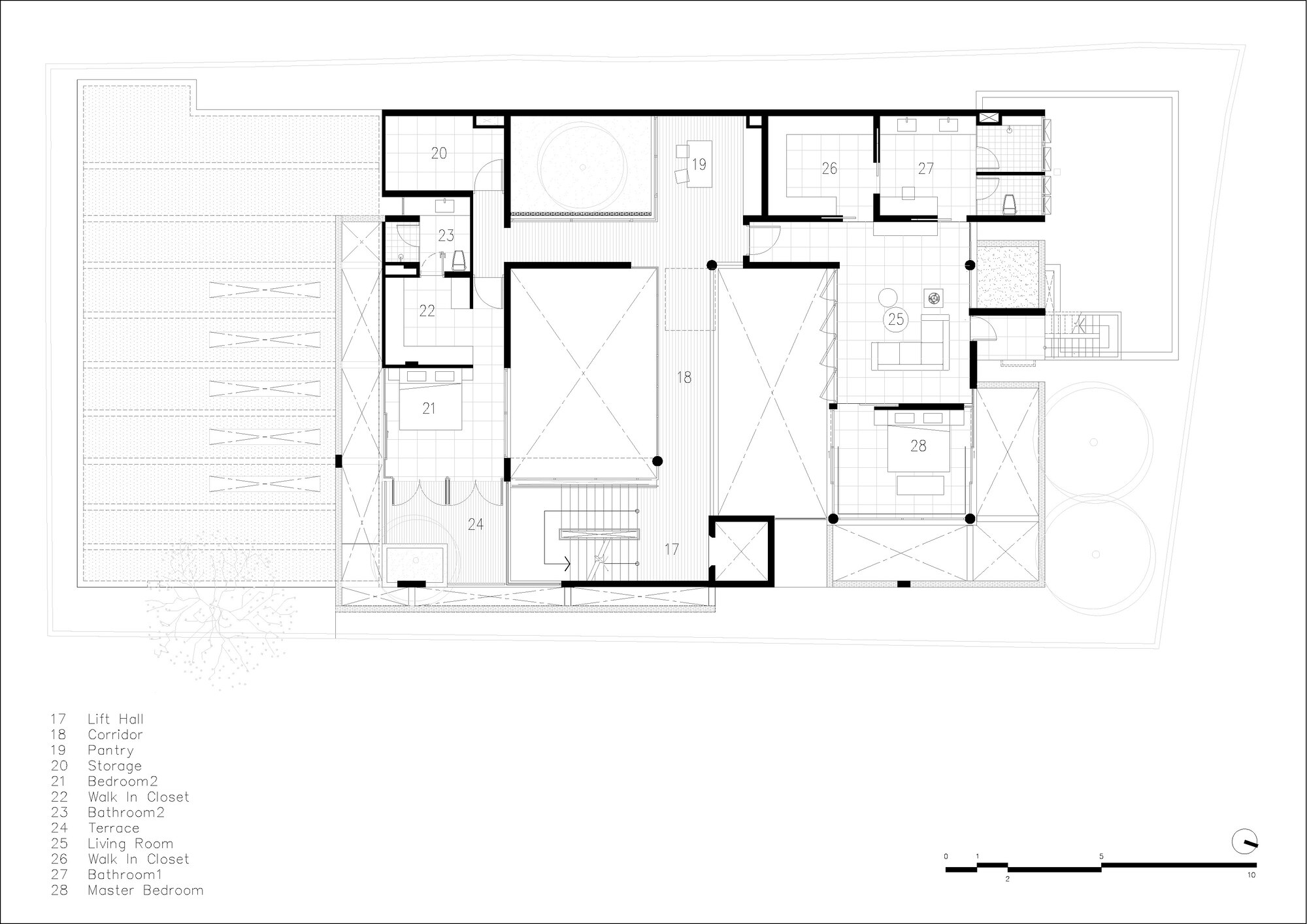 Upper floor plan drawing showing bedroom layout with voids and central circulation