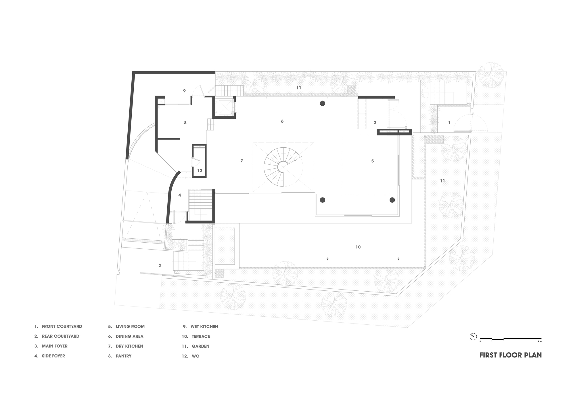 First floor plan drawing featuring spiral staircase and wrap-around terrace facing adjacent courtyards and garden