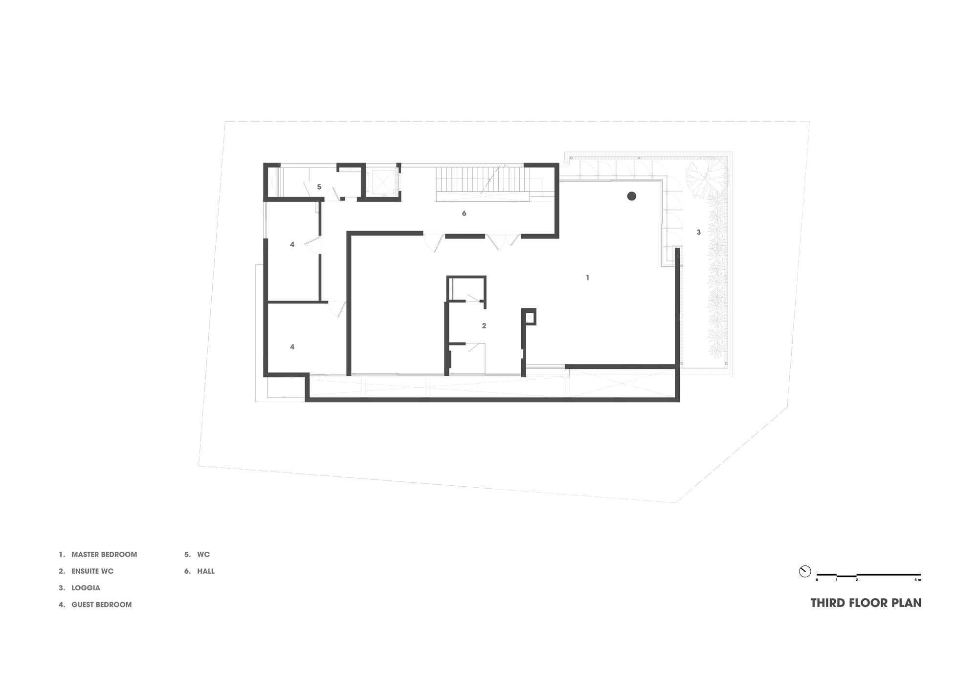 Third floor plan drawing showing master suite and roof terrace with staircase access to upper level