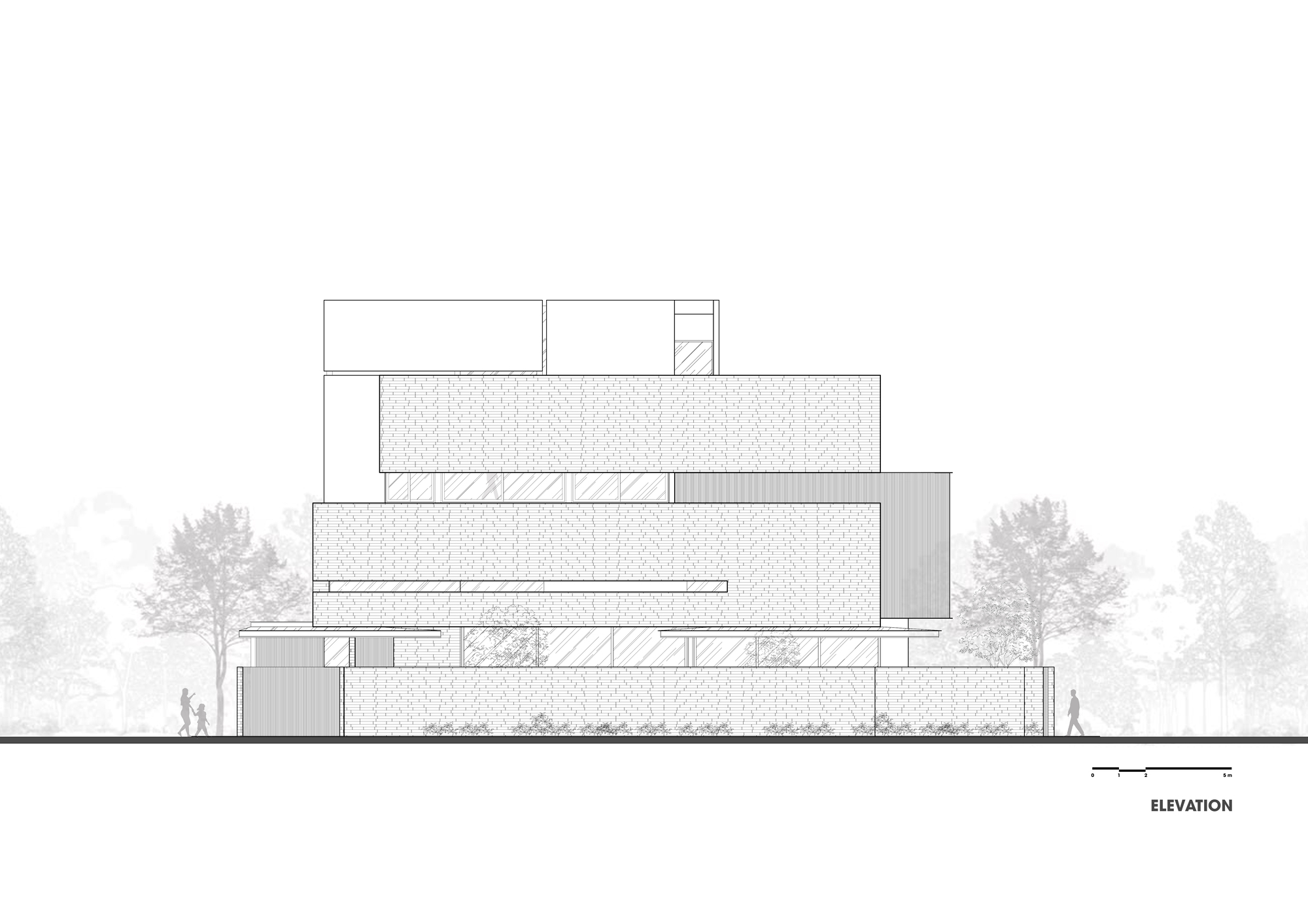 Elevation drawing showing a stacked geometric volume with textured facades and figures among trees