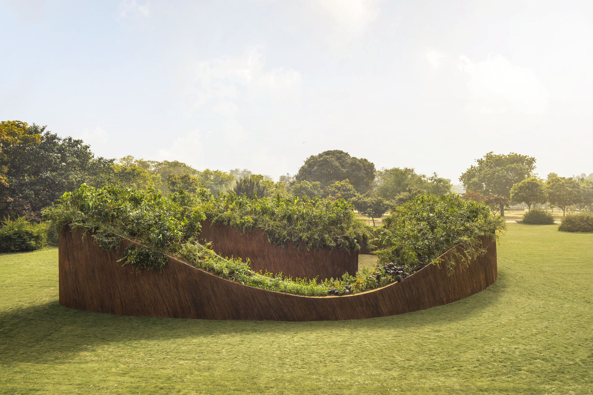 Side view of the undulating planted wall rising from cropped grass in soft afternoon light
