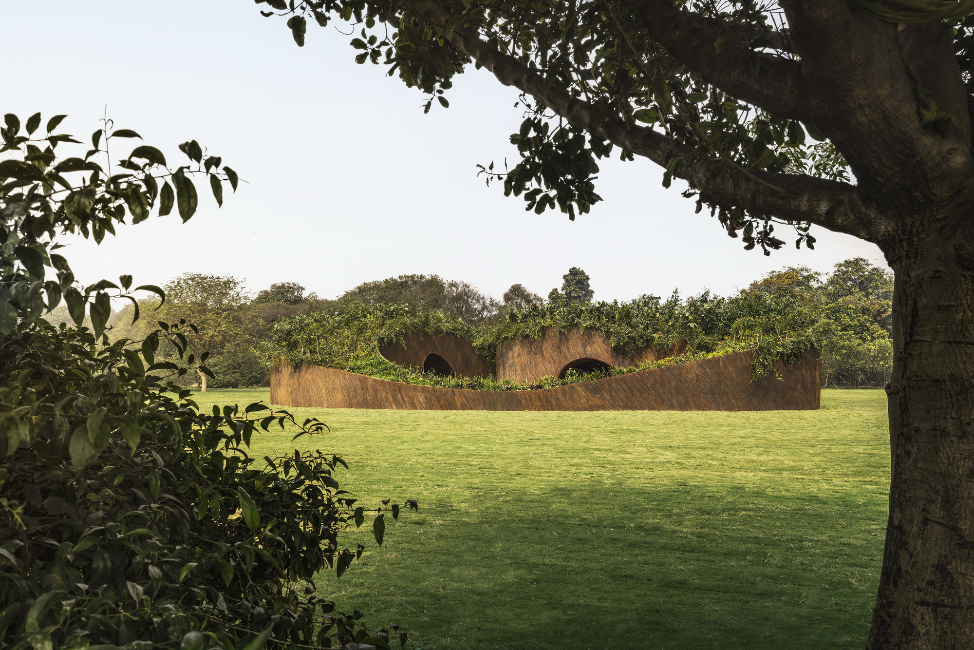 View of the curving weathered steel pavilion across an open lawn framed by tree branches