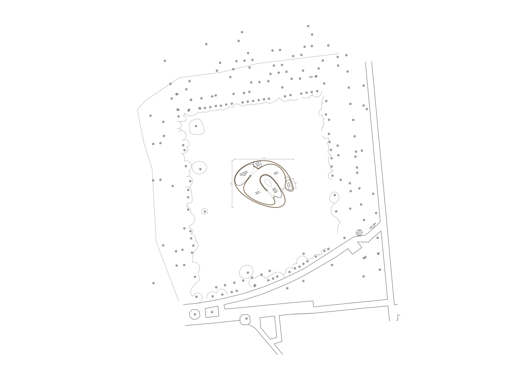 Site plan drawing showing an organic-shaped structure surrounded by landscaping and perimeter trees
