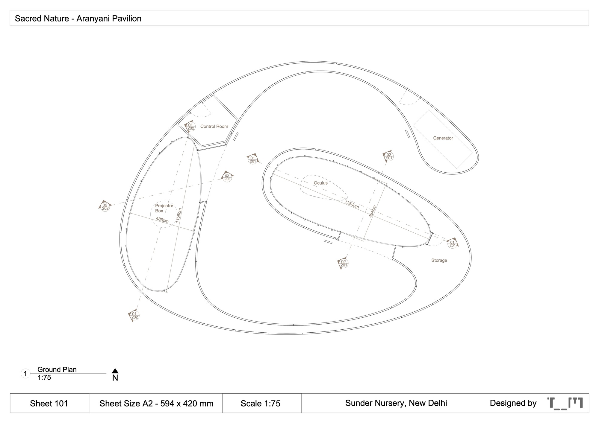 Ground floor plan drawing depicting curvilinear spaces organized around a central courtyard