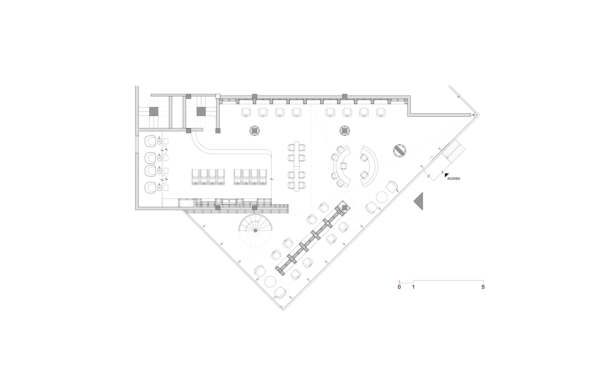 Floor plan drawing showing an angled layout with service stations, seating areas and enclosed treatment rooms