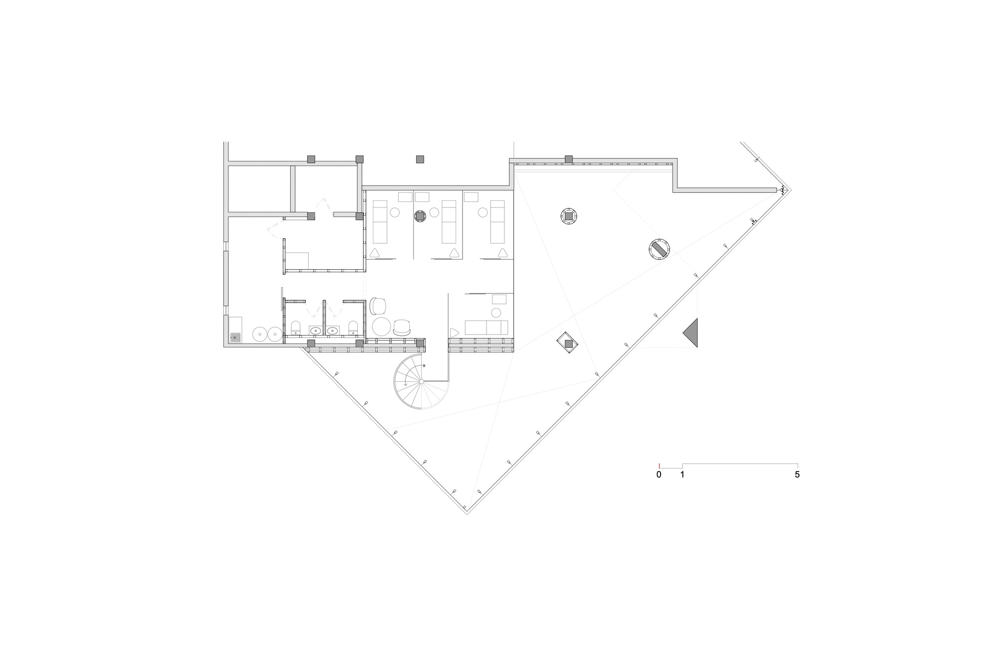 Floor plan drawing showing an angular residence with angled glazed terrace and compact service rooms