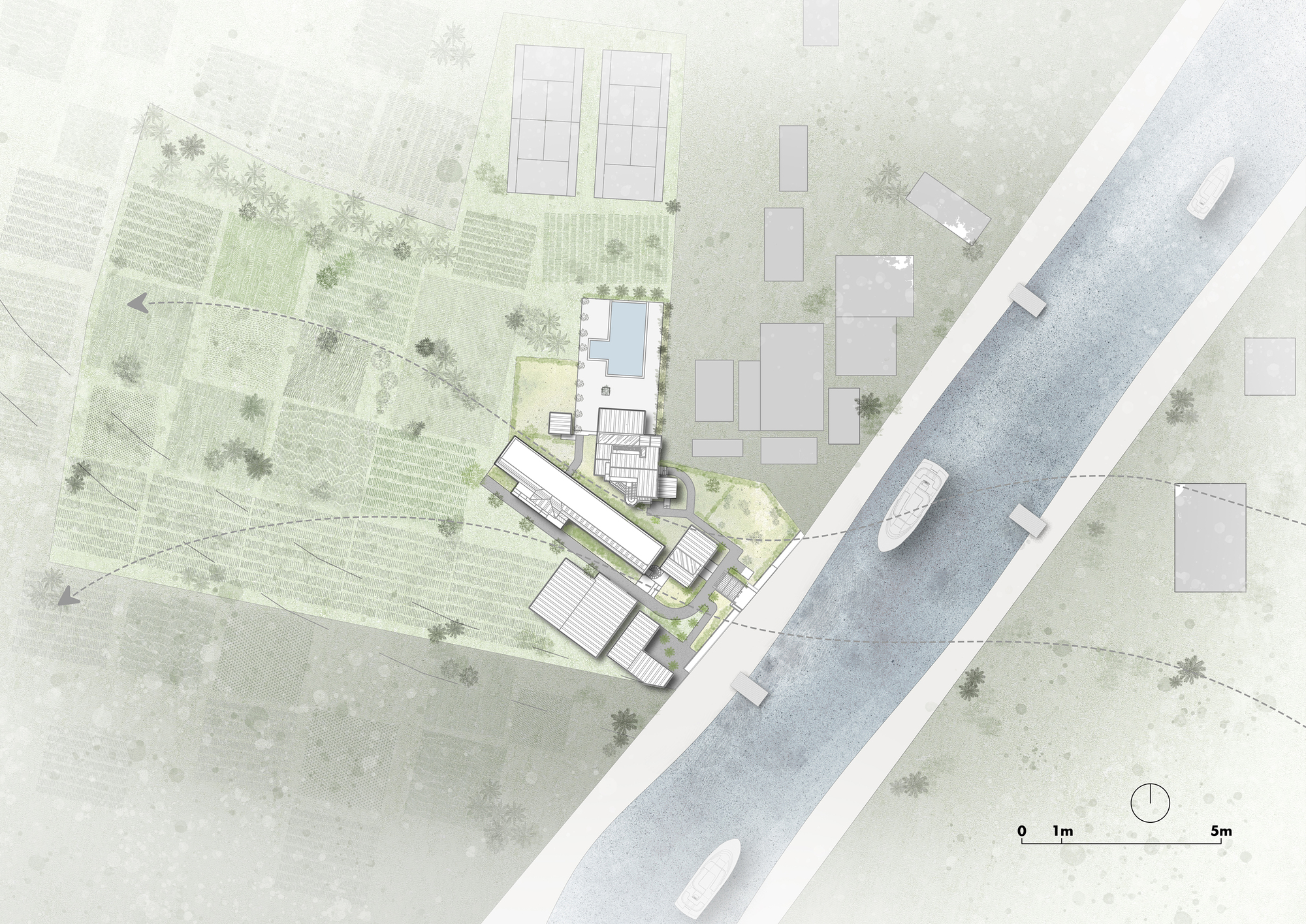 Site plan drawing showing an angled building cluster adjacent to a waterway with boats and surrounding landscape