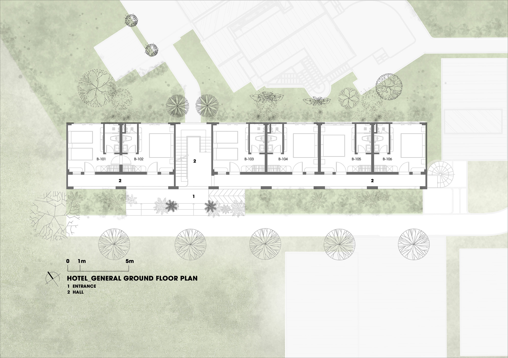 Ground floor plan drawing depicting a linear arrangement of rooms with central corridor and planted courtyards