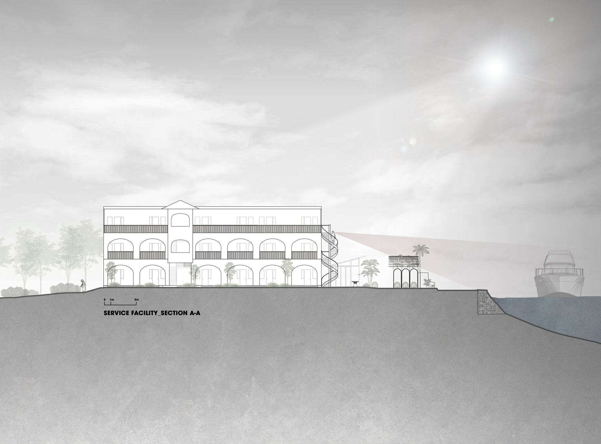 Section drawing showing a three-story building with arched openings descending toward the waterfront under overcast skies