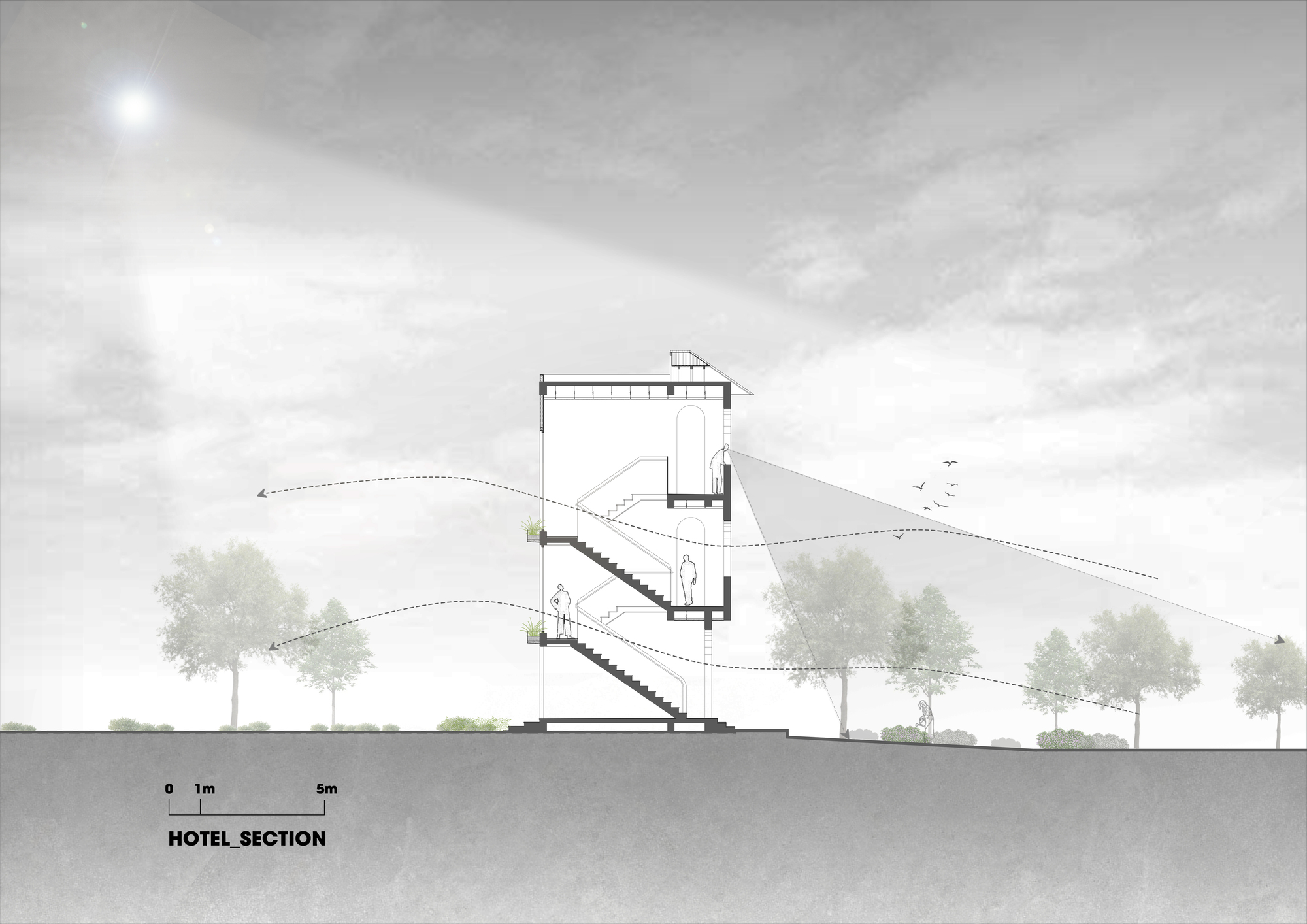 Section drawing revealing interior staircases connecting multiple levels within a terraced volume surrounded by trees