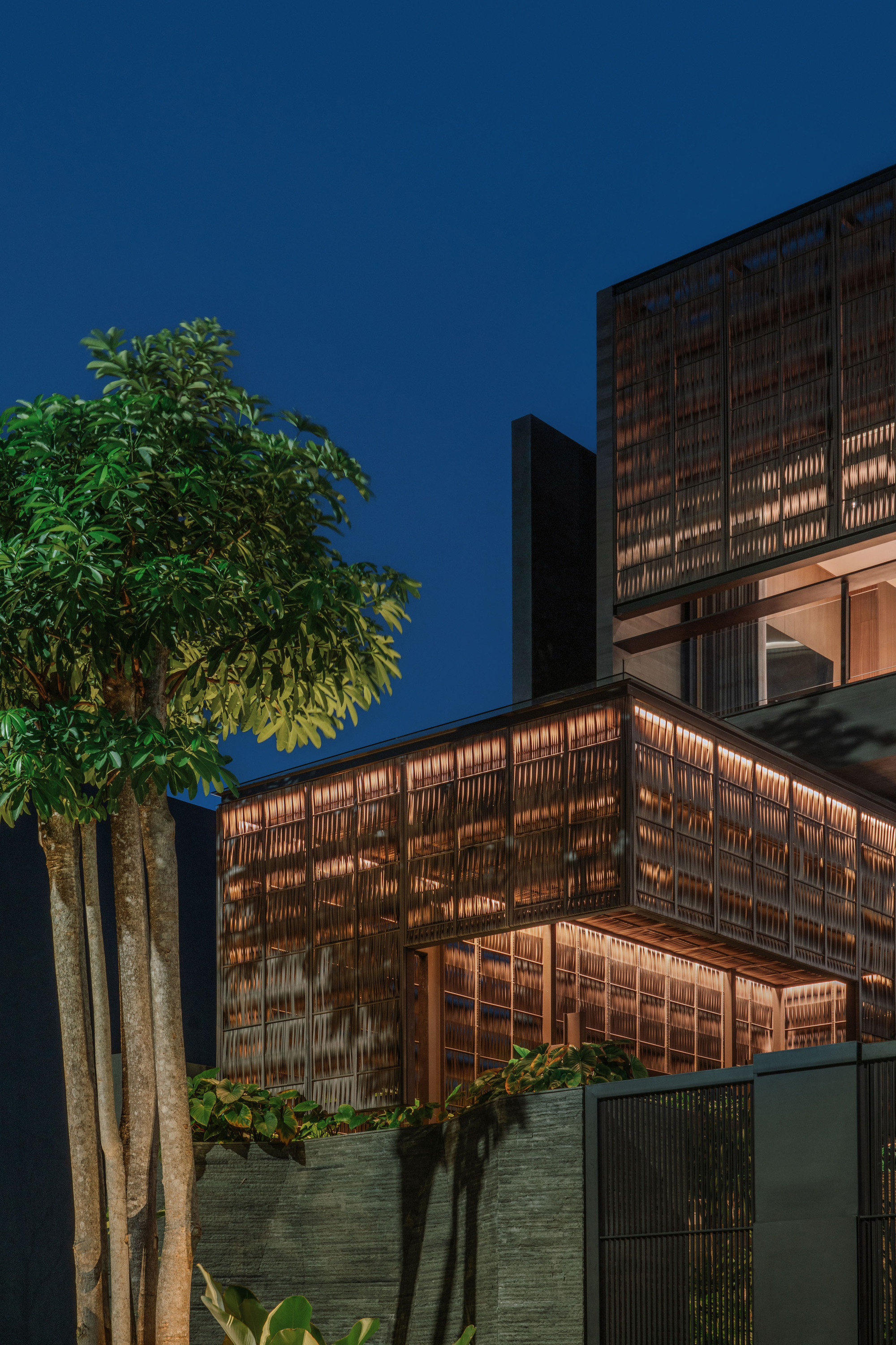 Exterior view of the layered timber screen facade and planted tree at twilight