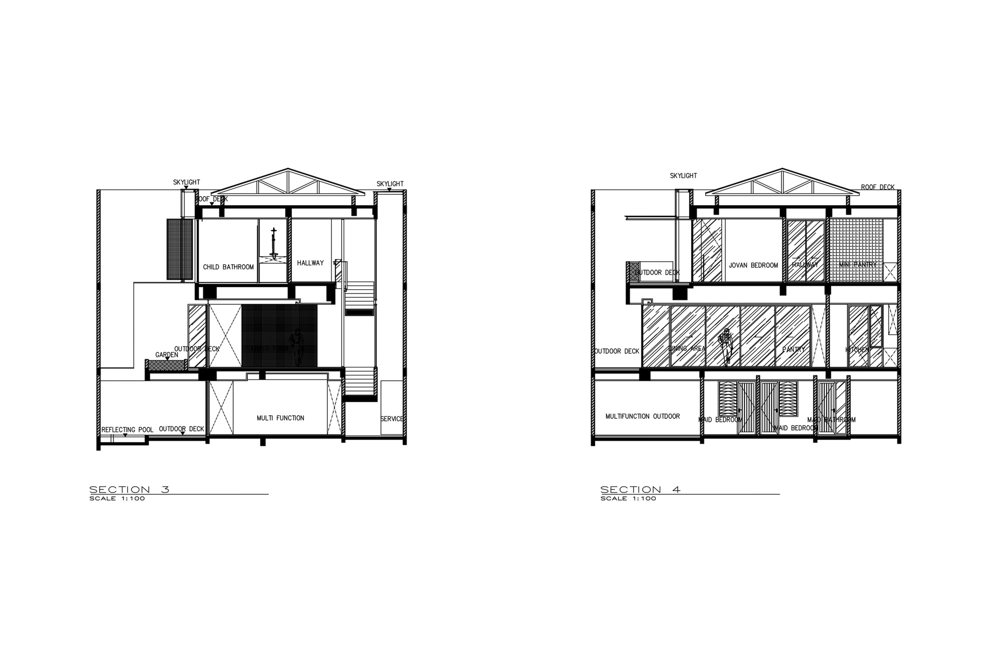 Section drawings showing exposed truss roofs over classroom and bedroom levels with outdoor deck spaces