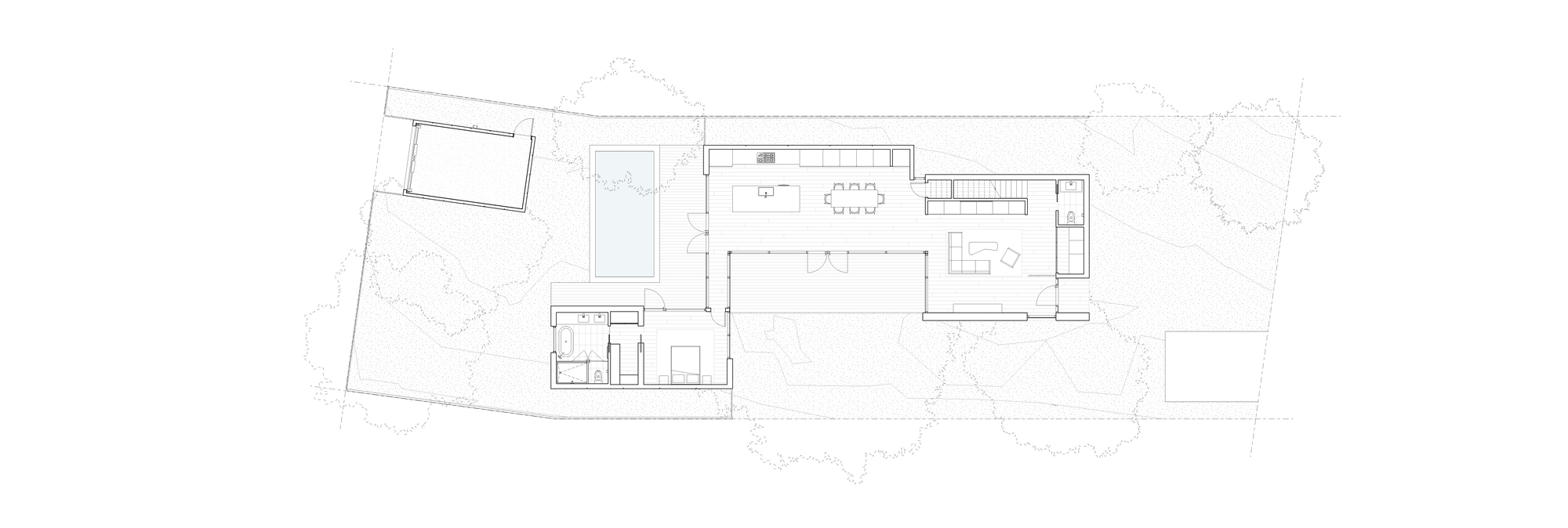 Floor plan drawing showing ground level layout with pool, bathrooms and living spaces around mature trees