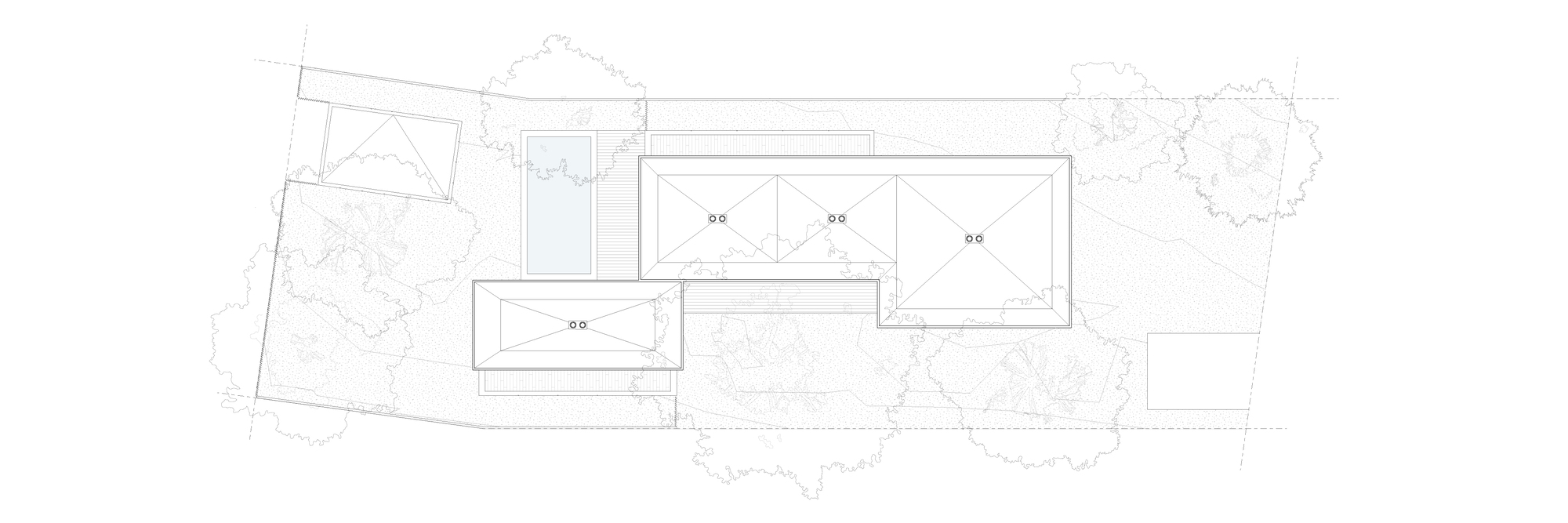 Roof plan drawing showing three flat roof sections and pool beneath tree canopy outlines