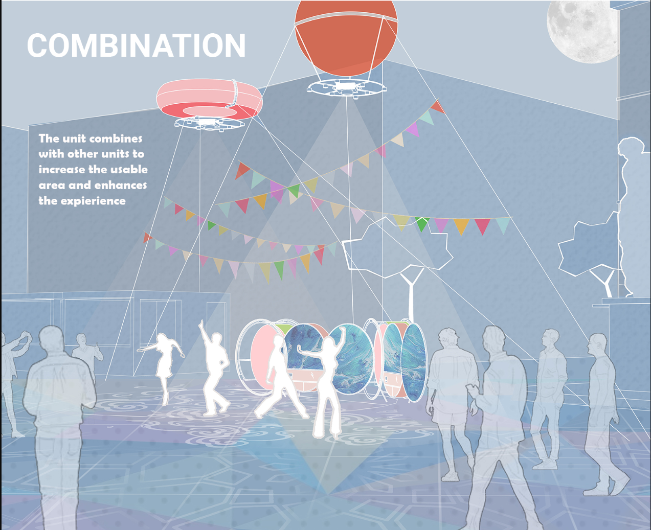 Multiple Uni Wheel modules combine to create expandable cultural spaces that encourage social interaction, performance, and public engagement.