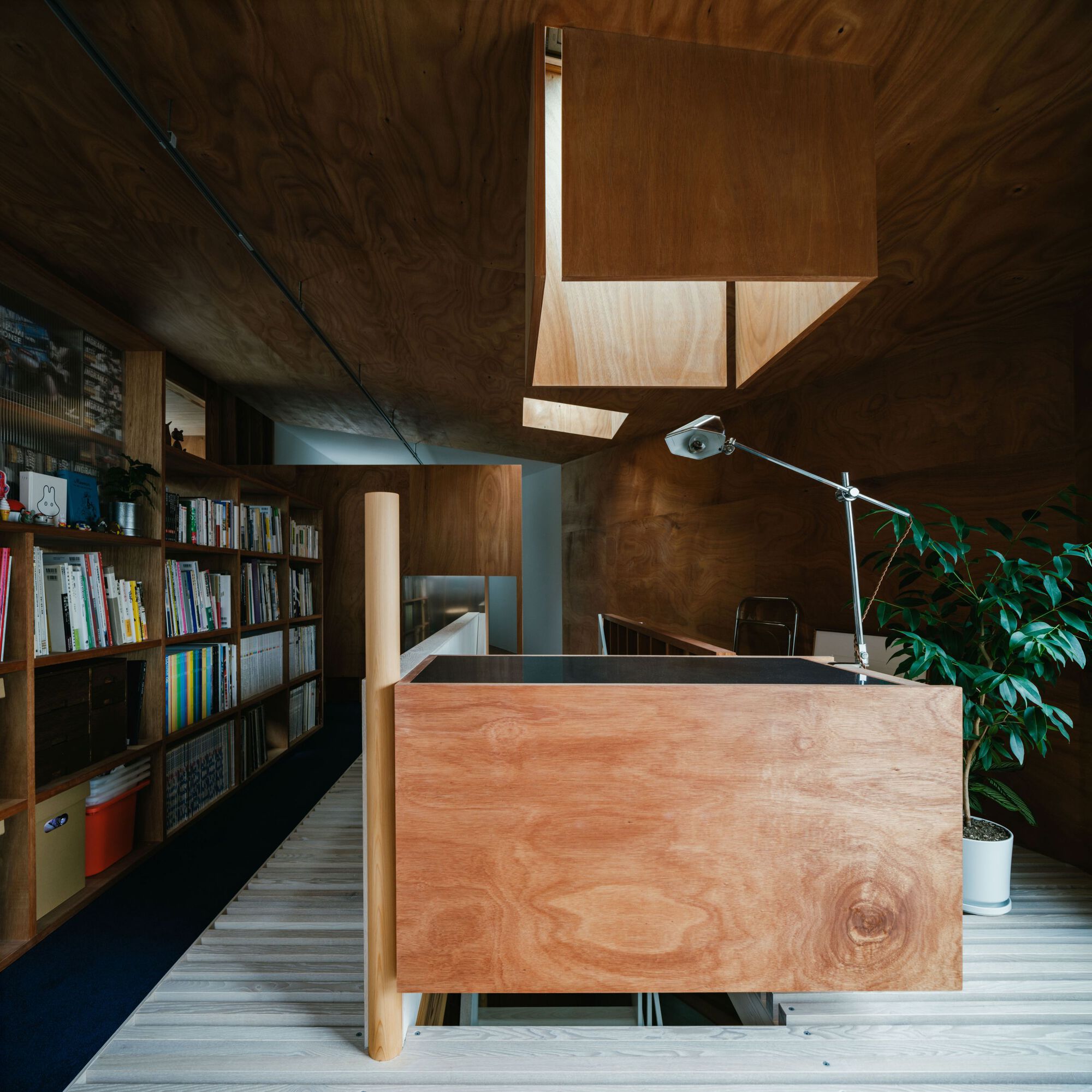 Plywood desk beneath a geometric skylight with bookshelves and a potted plant nearby