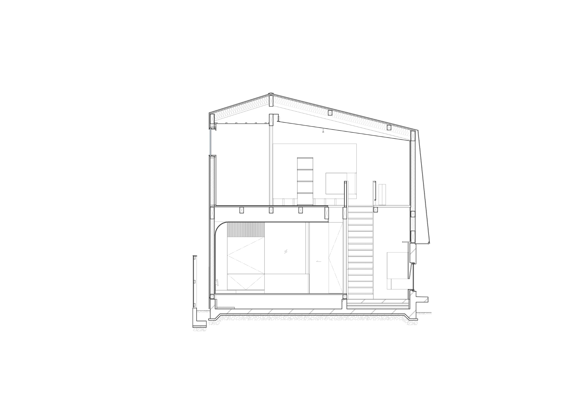 Section drawing revealing a two-story interior with pitched roof, staircase, and built-in storage