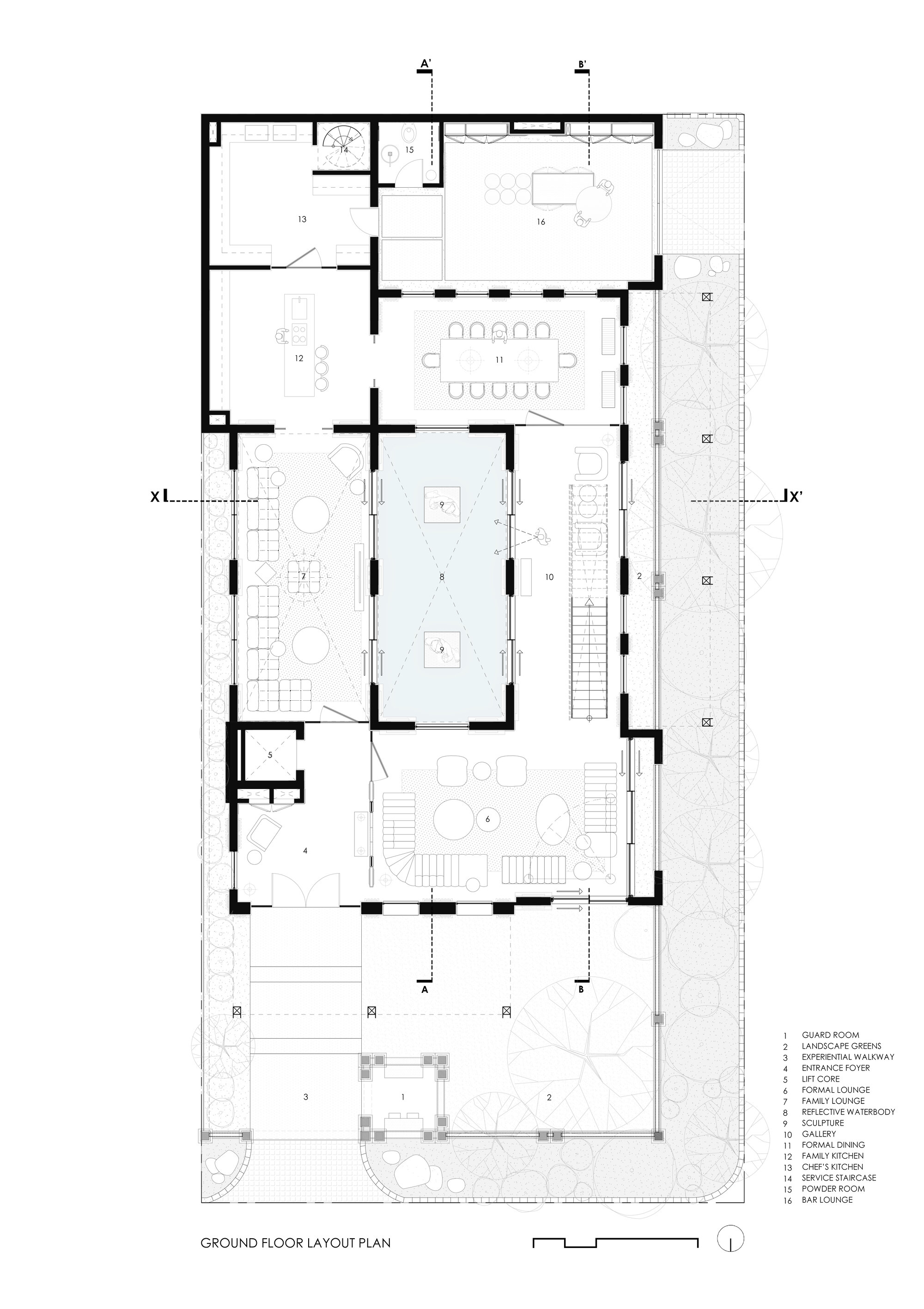 Ground floor layout plan showing central pool, dining spaces, and surrounding outdoor terraces