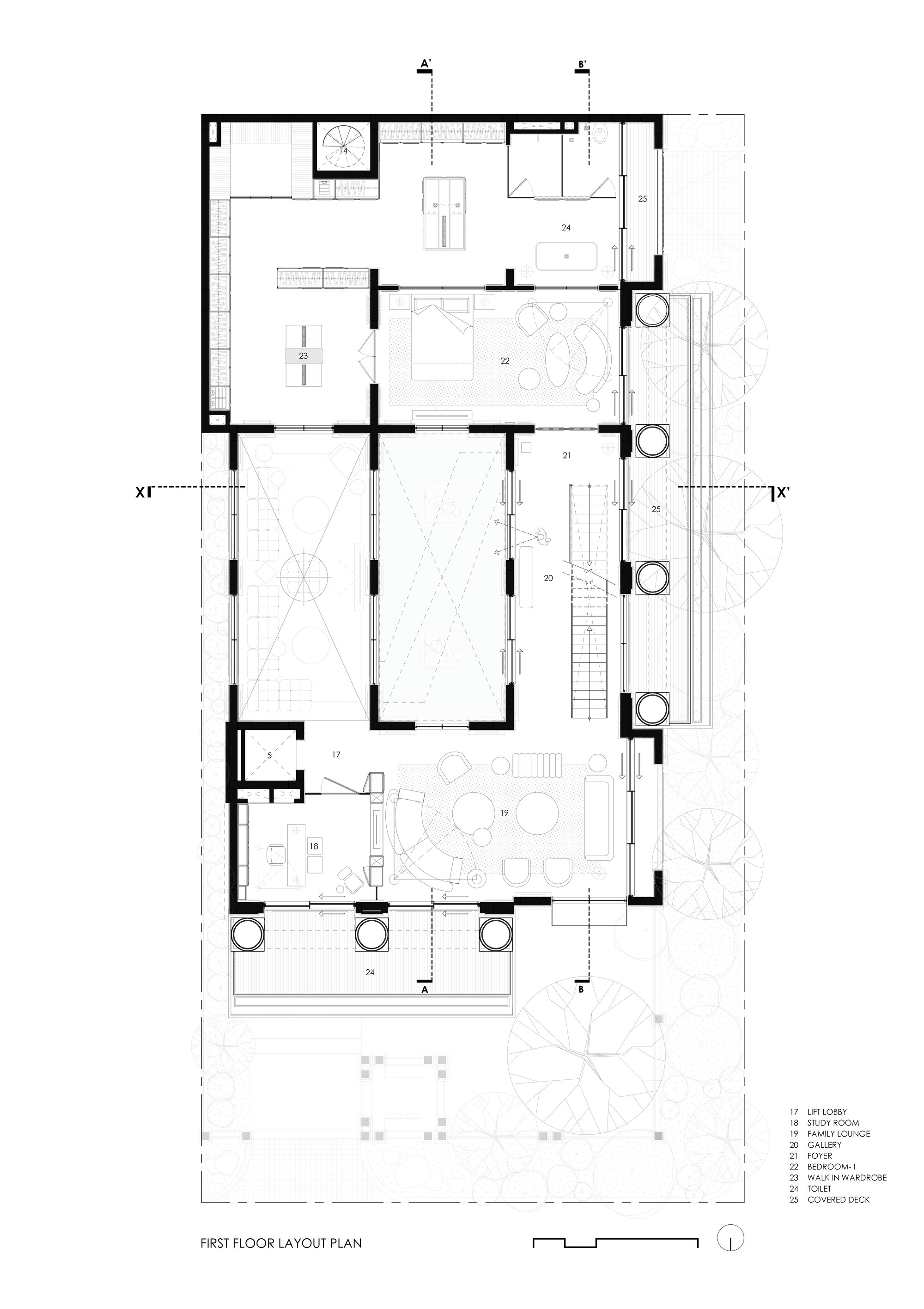 First floor layout plan showing bedroom suites, central staircase, and covered outdoor deck