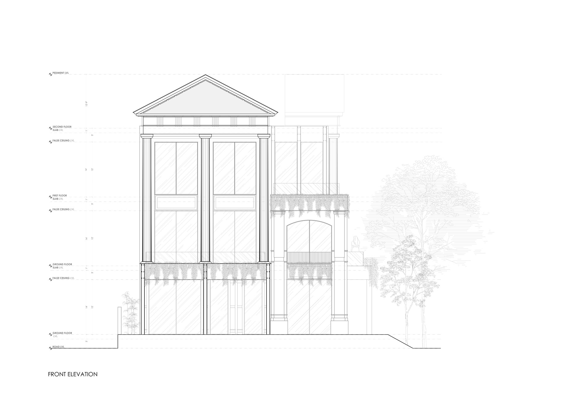 Front elevation drawing depicting a gabled volume with tall columns and adjacent trees in line art