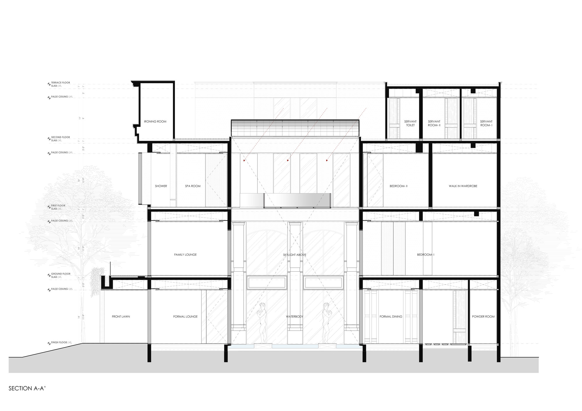 Section drawing through the multi-story residence revealing room heights and interior spatial relationships